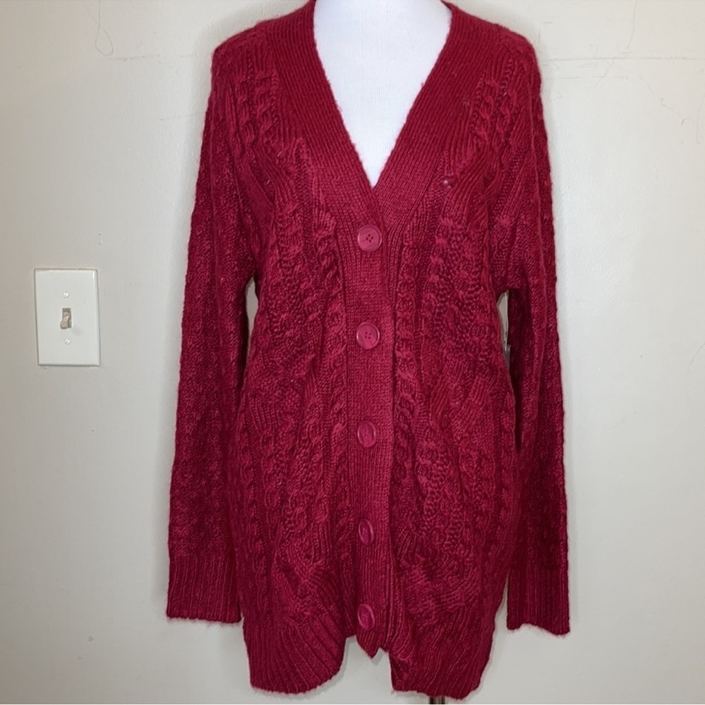 Faded Glory Cranberry Burgundy Chunky Cable Knit Cardigan Sweater Medium 8-10